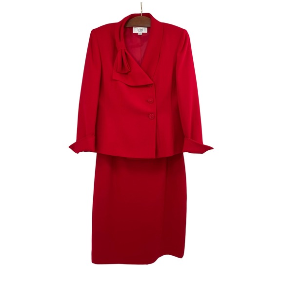 Le Suit Red Skirt Suit Set 8P Blazer Bow Jacket Business Office Career Women 8P - Picture 1 of 15
